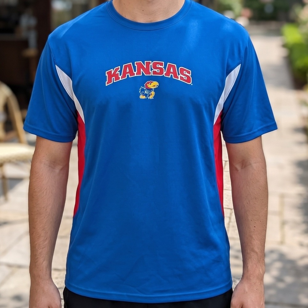 Pro Edge Kansas Jayhawks NCAA Performance T-Shirt Blue Red White Colorblock